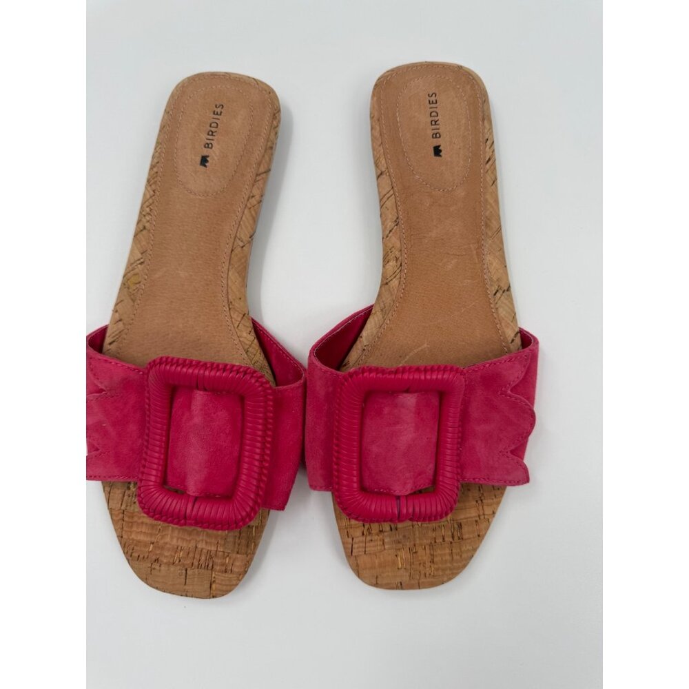 Birdies The Kiwi Ultra Pink Suede & Cork Slide Sandals With Large Buckle Size 8. - Picture 3 of 7